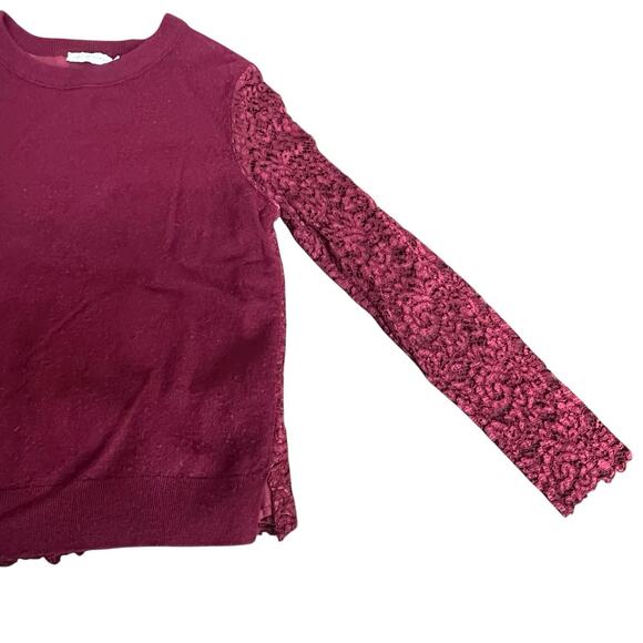Tory Burch Maroon Dina Merino Wool Lace Sleeves Crew Neck Sweater L Peplum Back - Picture 6 of 11